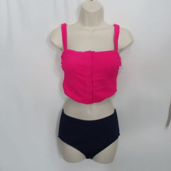 Andie Pink The Snap Top Tankini Rib Terry and Navy Blue High Waist Bottom Small